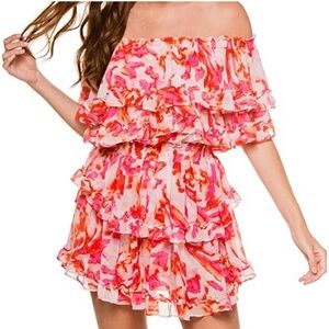 Misa Los Angeles Pink & Coral Off-Shoulder Ruffle Romper
